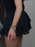Shirred Mini Skirt A-Line Pointelle High Waist Layered Ruffle Skirt for Women 2024 Summer Solid Color Sweet Skirts