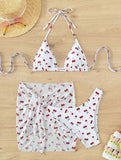 Women French Chic Cherry Print Bikini Sets Three Pieces with Mesh Skirt Swimsuit Swimwear Bathing Suit Beach Outfits Biquini