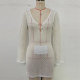 V Neck Long Sleeve Hollow Out Crochet Knitted Tunic Beach Cover Up Cover-ups Beach Dress Beach Wear Beachwear Female Women V7643