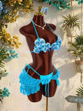 Vintage Blue 3D Floral Bikinis Sets Women Mesh Ruffle Skirt 3 Piece Swimsuit 2026 Sexy Push Up Bra Bathing Suit Holiday Swimwear