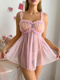 Women Pink Sweet Nightdress Sexy Lace Bow Adult Dress Babydoll Sex Sleepdress And Thongs Lingerie Sets Erotic Outfits For Night