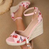 EUR Size 45 Leisure Espadrille Wedge Sandals Women Cherry Summer High Heels Shoes Beach Vacation Platform Ankle Strap Sandals