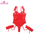 Plus Size Sheer Mesh Teddy Bodysuit for Women Sexy Lace Lingerie Set with Adjustable Garter Belt Curvy Nightwear Romantic Outfit
