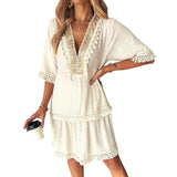 Boho Dress For Women'S Casual Elegant Embroidered V Neck Casual Dresses With Tassle Loose Comfortable Stylish Wrap Maxi Vestidos