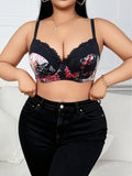 Anti-sag Push Up Bra Plus Size Black Base Red Floral Print Lace Side Gather Lift Up Large Brassiere Flower Pattern Underwear