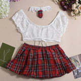 Toucheart Sexy Lingerie Suit for Women Lace Mesh See-through Lace Up Top Plaid Pleated Skirt Halter Women's Underwear Set New