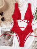 Sexy Red Swimsuit Micro String Bikini Hollow Out Backless Monokini Women One-Piece Vacation Swimwears Bikinis Beach Bathing Suit