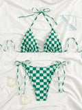 Sexy Pink Plaid Micro Bikini 2026 Women Halter Push Up Bra Tie Side Thong Swimsuit Brazilian Beach Bathing Suit Swimwear Biquini
