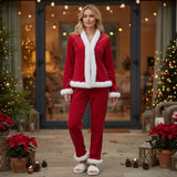 Womens Fall Winter  2 Pieces Pajamas Set Bow Tie Front Furry Trim V Neck Long Sleeve Tops and Pants Christmas Lounge Wear