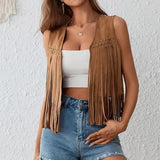 Suede Tassel Vest Women's 70s Hippie Outfit Sleeveless Open Front Vest Western Jacket