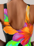 Vintage Black Big Floral Print One Piece Swimsuit 2026 Women U Neck Slim Tummy Control Swimwear Holiday Bathing Suit Monokini