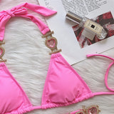 DEKA Rhinestone Love Heart Bikini Set Women Diamond Swimsuit  Crystal Luxury Push Up Metal Thong Swimwear