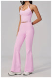 New Yoga Sets Women Summer Seamless Thread Hanging Neck Sports Vest Exercise Fitness Suit High Waist Wide Leg Pants Tracksuit