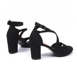 Elegant Ankle Buckle High Heel Sandals Women Black Flock Open Toe Block Heels Rome Sandals Woman Plus Size Bag Heel Party Shoes