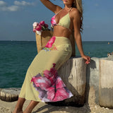 10 Color Flowers Halter Bikini Female Swimsuit Women Swimwear Three-pieces Bikini set With Skirt Bather Bathing Suit Swim V6637C