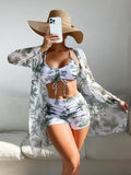 New Sexy 3 Pieces Suit for Women Neck Hanging Bikini Set+Cover-up Swimwear Sunproof Tankini High Waist Shorts Swimsuit Beachwear