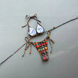 New 2026 Women's Plaid Swimsuit Sexy Lace-up Backless Swimwear Low Waist Push Up Thong Bathing Suit Micro Bikini Set Beachwear