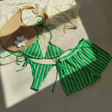 DEKA Green Striped Bikini Set Women Halter Push Up High Waist Thong Panties Swimsuit Summer 3 Pcs Bathing Suit Lace-up Swimwear