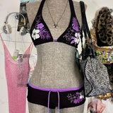 2025 New Chic Split Bathing Suit Y2k Vintage Flower Pattern Bikini Set Swimsuit Women Halter Triangle Lace Up Shorts Sexy Bikini