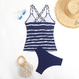 2026 Strappy Tankini Set Two Pieces Swimsuit Women Striped Swimwear Female Bathers Bathing Swimming Swim Suit Beachwear XXL