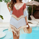 Splicing Tassels Half Sleeve Crochet Knitted Tunic Beach Dress Beach Wear Beachwear Beach Cover Up Cover-upsFemale Women V6631