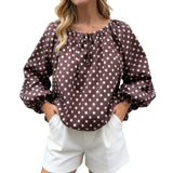 Women Puff Long Sleeve Crew Neck Spring Fall Tops Fashion Dot Print Casual Loose Fit Flowy Blouse