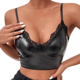 Womens Black Faux Leather Lace Trim Cami Tops Spaghetti Strap V Neck Bustier Crop Top Shiny Wet Look Camisole Sexy Nightclub Top