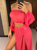2026 Leopard Off Shoulder Long Sleeve 2 Pieces Set Beach Cover Up Cover-ups Beach Dress Beach Wear Beachwear Female Women V3728