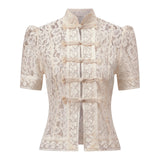 Summer Women's Retro Shirts Sheer Lace Blouse Elegant Stylish Button Down Short Sleeve Tops Casual Sexy