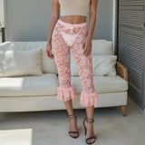 Women Summer Lace Ruffle Capri Leggings Solid Color Sheer Mesh Elastic High Waist See Through Pants