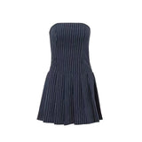 WhereMery Korean Women Fashion A-line Dress Y2K Sleeveless Slash-neck Pleated Stripe Dresses Spring Summer Elegant Slim Vestidos