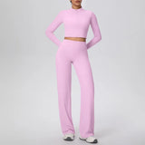 2 Pcs Women's Seamless Yoga Set Long-sleeved Wide-leg Pants Tracksuit Fitness Sports Set High-waisted Hip-lifting Slim-fit Suit