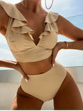 Solid Color Sexy V-neck Ruffle Bikini 2026 Women 2 Piece Swimwear Push Up Padded High Waist Swimsuit Summer Beach Bathing Suit