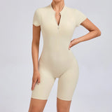 Padded Backless Yoga Cycling jumpsuit  Women Zipper GYM Sportswear Fitness One Piece Sports Suit V Back Workout Playsuit