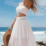 S - XL Bandeau Crochet Knitted 2 Pieces Suits Tunic Beach Cover Up Cover-ups Beach Dress Beach Wear Beachwear Female Women V8218