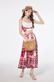 Women's Dress Blue And White Porcelain Retro Printed Metal Buckle Three-dimensional Strapless Top + Wide Skirt Two-piece Set