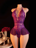 Pink Sexy Lace Bodysuits Crotchless Deep V Open Teddy Babydoll Sheer Sleepwear Elegant & Seductive Erotic Lingerie For Women