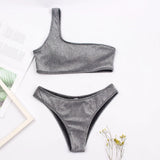Fashion Single Shoulder Women Bikinis Set Female Shinning High Waist Swimsuit Swimwear Woman Solid Glitter Beach Bathing Suit