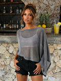 Womens Shawl Tops Lightweight Stylish Solid Color Irregular Hem Boat Neck Loose Fit Sheer Poncho Blouse Summer Knit Cover-ups