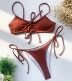 Sexy Strappy Lace Up Ribbed Neon Green Bikini Women Swimwear Female Swimsuit Two-piece Bikini set Hollow Out Bathing Suit Swim