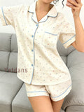Women's Cotton Polka Dot Printed Pajama Set With Contrast Trim Button-Down Shirt & Shorts Homewear Summer Set Two Pieces Set Pj