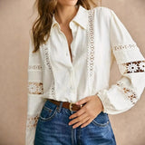2026 New Elegant Lace Patchwork Long Sleeve Blouse Women Hollow Out Lace Trim Office Lady Commute Casual Shirt Top