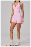 New Seamless Yoga Thread Set Women Hanging Neck V Neck Slim Sports Tank Top Hip Lifting Abdominal Tightening Shorts Fitness Suit