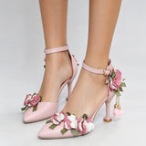 Small Big Size 32-46 Women's Elegant Pink Flowers High Heels Sandals Summer Sexy Pointy Toe Party White Wedding Sandals Shoes