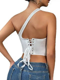 New White Off-the-shoulder Elegant Style Satin Spicy Girl Halter Neck Tank Top Women's Sexy Fishbone Shaping Small Tank Top 1FES