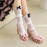 Big Size 43 High Quality Women's y2k Block High Heels Sweet Strawberry Print Mary Jane Pumps Black Pink Platform Lolita Shoes
