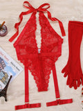 New Purple Sexy Lace Bodysuits Deep V Neck Halter Mesh Solid Color Bodysuits Charming  Pure Desire Transparent Flower Print OOB5