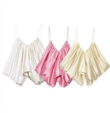 Women's Casual Fashion Silk Pleated Camisole Top Satin Camisole Top For Women Spaghetti Strap White Pink And Cream Colors 384X