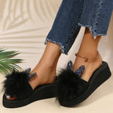Faux Fur Wedges Slippers for Women Spring Autumn Fashion Crystal Detor Platform Slides Woman Slip On Open Toe Slippers Female
