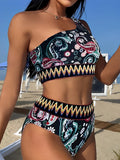 2026 Paisley Print Chevron Tape One Shoulder Swimsuit Women Bikini Swimwear Female Bathers Bathing Swimming Swim Suit Beachwear